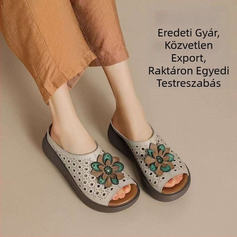 Női nyári papucs I-formájú, hal formájú orral, felső rész műbőr, PU belső, talp gumihab, vintage stílus