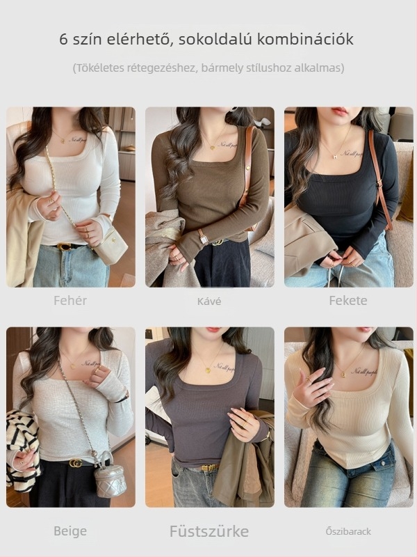 Női póló négyszögletes nyakkal, hosszú ujjú, egyszínű, modal-viszkóz-spandex keverék, karcsú fazon