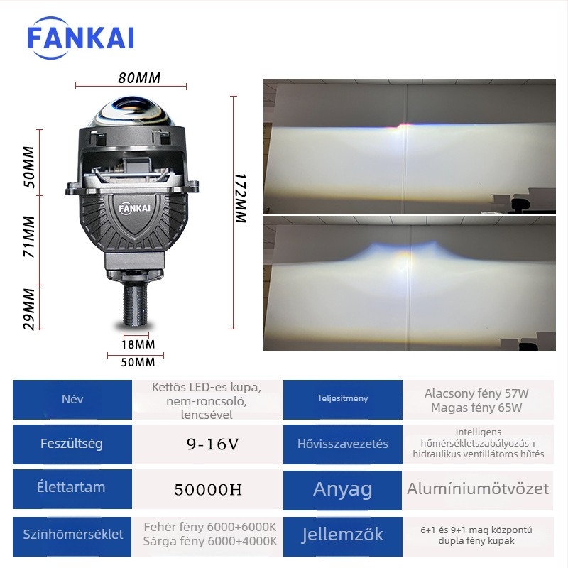 K8 kettős LED autófényszóró lencsével - 65W, 6000LM, 12V, 30000h