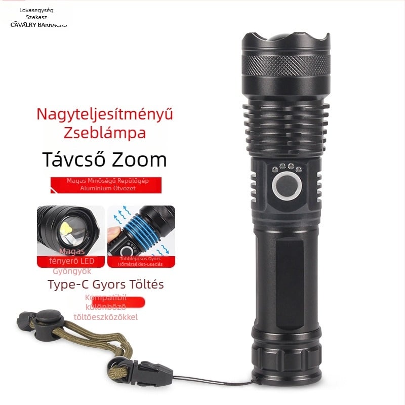 Kézben tartható LED zseblámpa, zoomolható, 1000 m hatótáv, újratölthető, vízálló