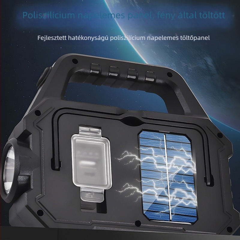 ABS tokozású napelemes zseblámpa, beépített Li-ion akkumulátor, napenergia + USB töltés, nagy teljesítményű LED + COB világítás, 360°-os forgás