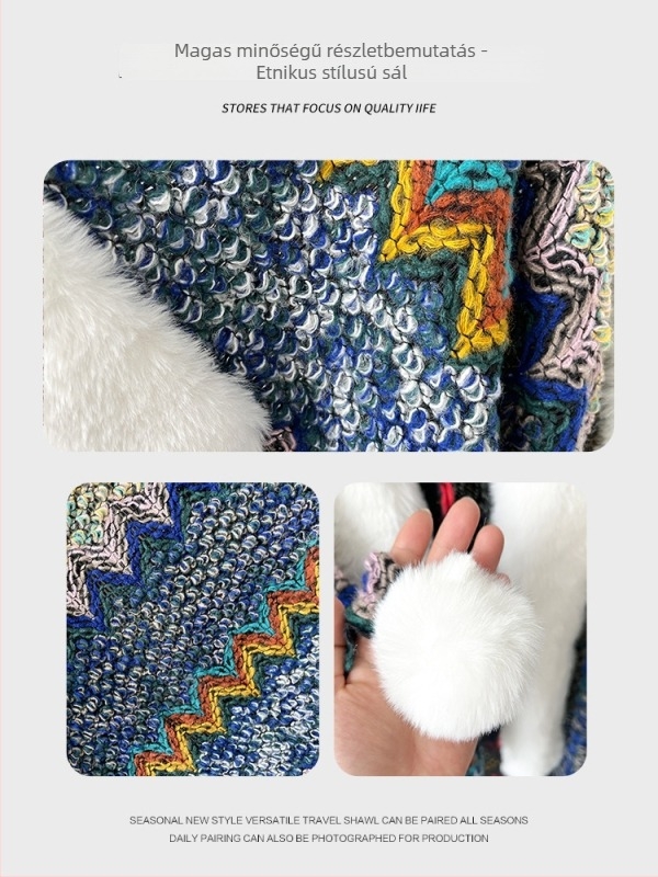 Női népi mintás kötött vállkendő gyapjú gallérral, egész éves viseletű jacquard külső ruházat