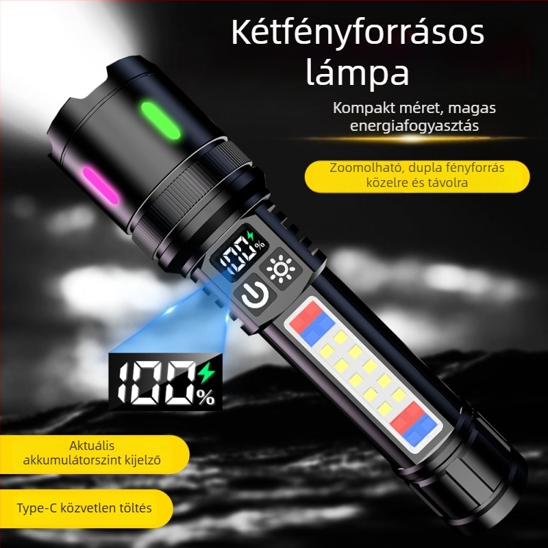 LED COB zseblámpa teleszkópos zoommal (15W, 18650 akkumulátor, LED fényforrás, hatótáv 200–500m)