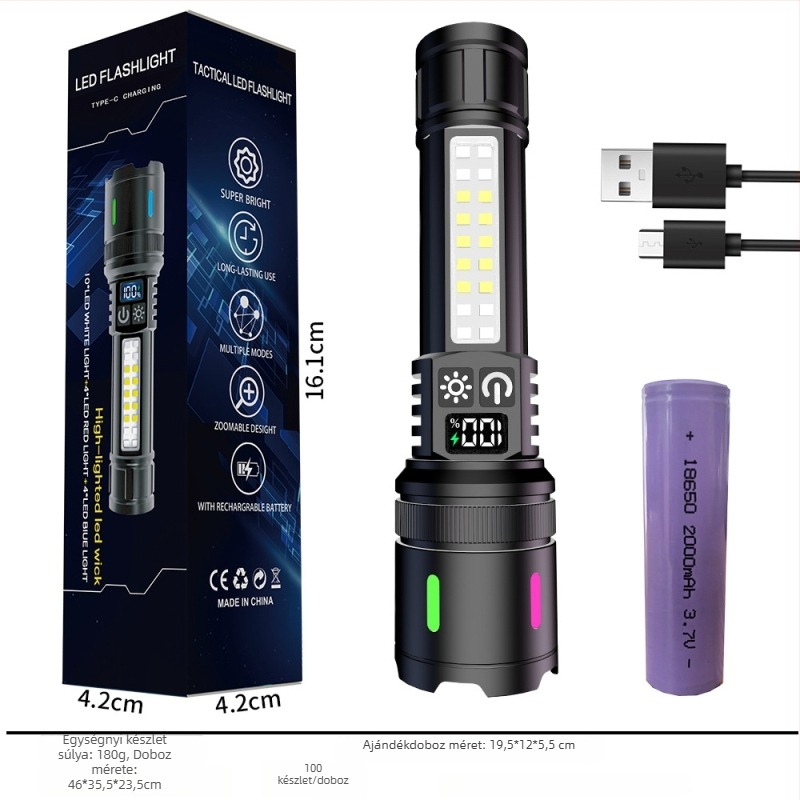 LED COB zseblámpa teleszkópos zoommal (15W, 18650 akkumulátor, LED fényforrás, hatótáv 200–500m)