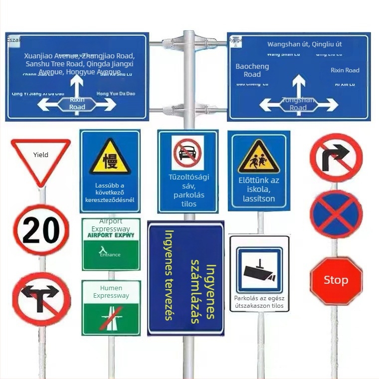 Autópálya irányjelző tábla alumíniumból, egyoszlopos cantilever tartóval, testreszabható, fényvisszaverő film reklámminőségű