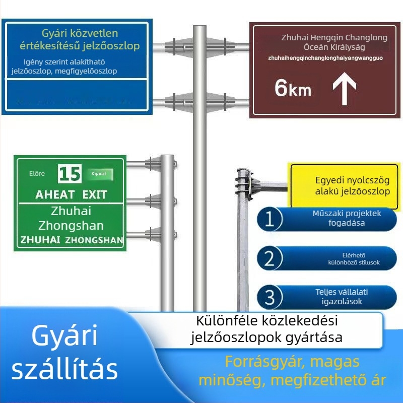 Autópálya irányjelző tábla alumíniumból, egyoszlopos cantilever tartóval, testreszabható, fényvisszaverő film reklámminőségű
