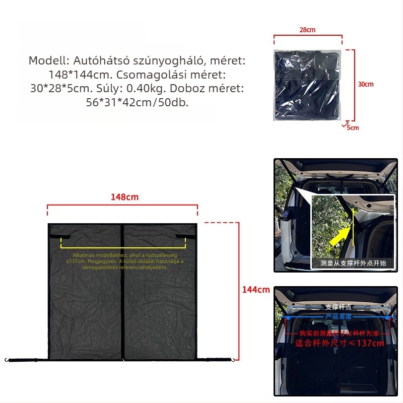 Autó hátsó részéhez mágneses rögzítésű szúnyogháló, átlátszó háló, univerzális modell