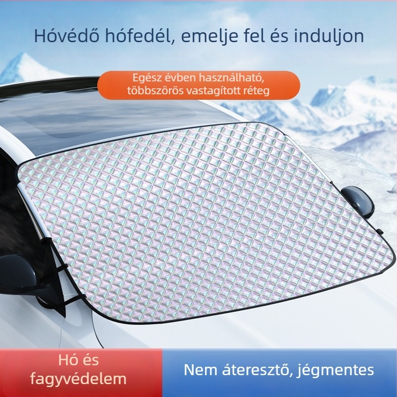 Autók havas szélvédővédő takaró teleszkópos szereléssel, univerzális illeszkedés, anyag Laser Titanium Silver+, gradient mintázat, egyszerű stílus