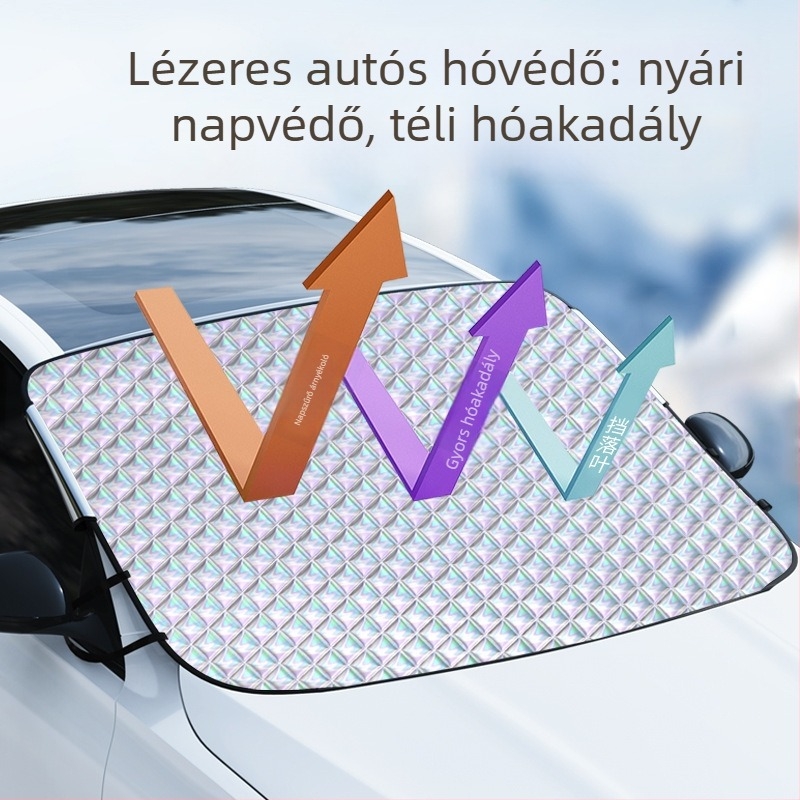 Autók havas szélvédővédő takaró teleszkópos szereléssel, univerzális illeszkedés, anyag Laser Titanium Silver+, gradient mintázat, egyszerű stílus