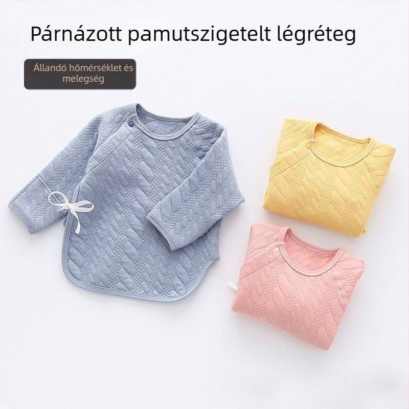 Újszülött quiltelt félhátú téli felső, 100% pamut, kerek gallér, puha felület
