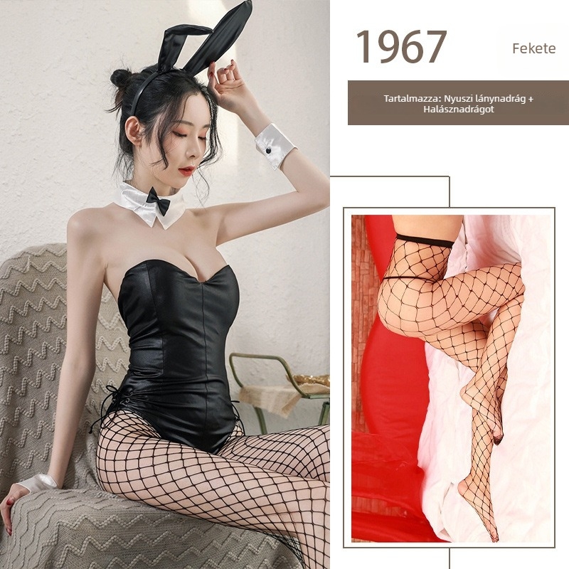 Nyuszi cosplay bodi szerepjátékhoz, bőrhatású anyag, hasadék, spandex 80-90%