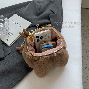 Koreai stílusú plüss válltáska kör alakú formával, mágneses zárás, puha anyag, belső zsebek telefonhoz és kártyákhoz