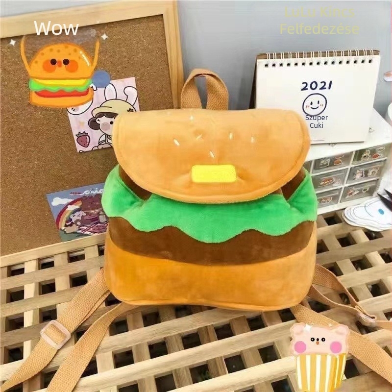 Iskolai hátizsák plüss hamburger mintázattal, lányoknak, nagy kapacitás, velúr bélés, kopásálló, 3–4. osztályos diákoknak