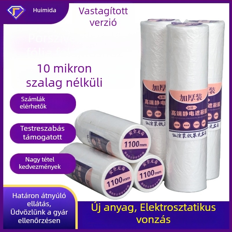 Egyszer használatos elektrosztatikus öntapadós maszkoló film dekorációhoz és festéshez, 10 μm vastagság, 20 m hossz, HDPE alap, 90% átlátszóság
