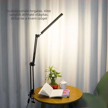 LED hosszú karos asztali lámpa csipeszes rögzítéssel, háromszínű fényerő-szabályozás, szemvédelem, USB-tápellátás, fémből készült árnyékoló, gombos kapcsoló, CE