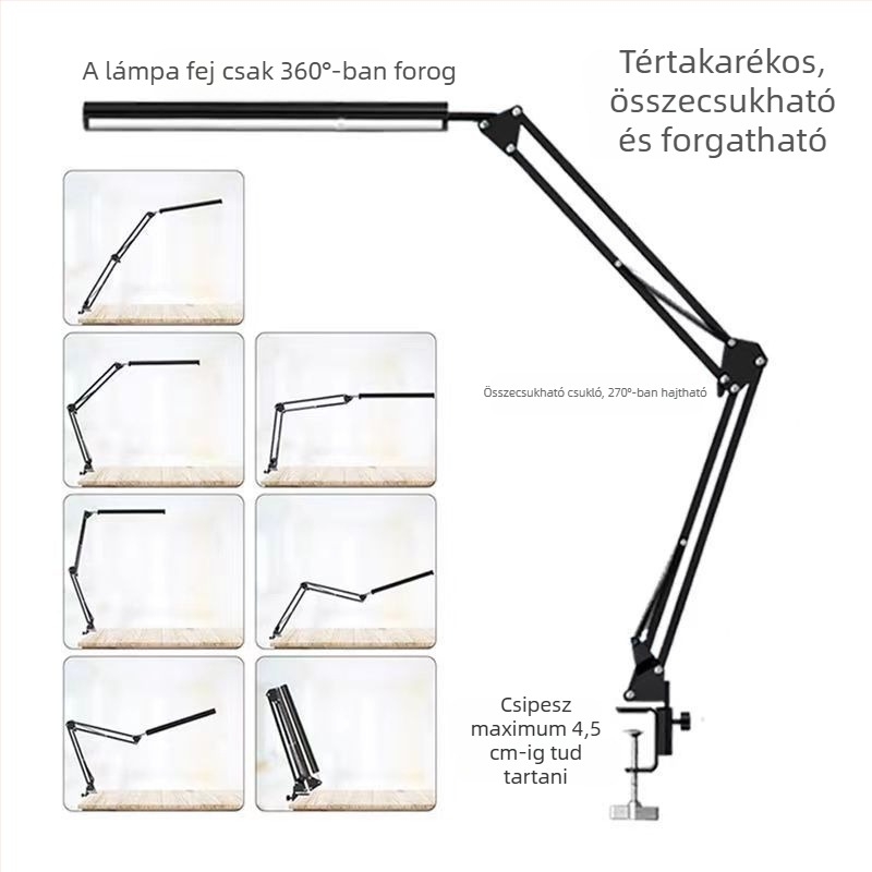 LED hosszú karos asztali lámpa csipeszes rögzítéssel, háromszínű fényerő-szabályozás, szemvédelem, USB-tápellátás, fémből készült árnyékoló, gombos kapcsoló, CE