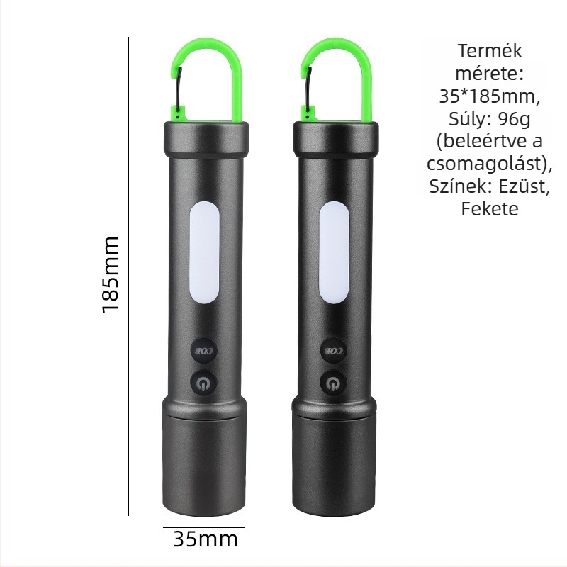 LED zseblámpa jelzőfénnyel kültéri használatra, vészjelzés, kemping és munka világítás, újratölthető beépített power bankkal, kulcstartóval, 5W, hatótáv 200–500 m