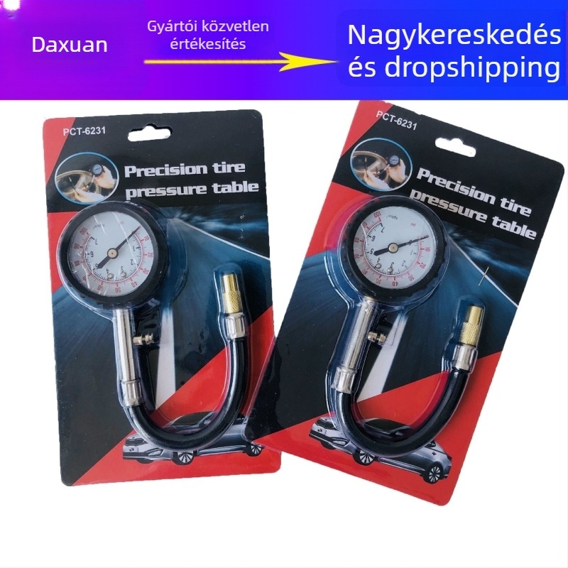TYJ002 Mini Mechanikus Gumiabroncs Nyomásmérő Hosszú Tömlővel, 0–100 psi, kompassz és levegőleengedő funkció