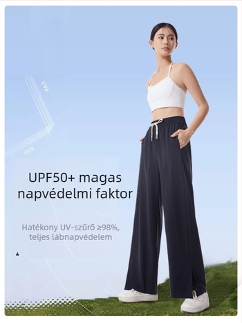 Ice Silk UV-védett női széles nadrág, padlóig érő hossz, magas derék, Nylon-Spandex keverék, Mercerizált felület