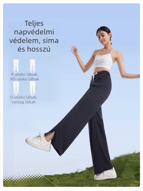Ice Silk UV-védett női széles nadrág, padlóig érő hossz, magas derék, Nylon-Spandex keverék, Mercerizált felület