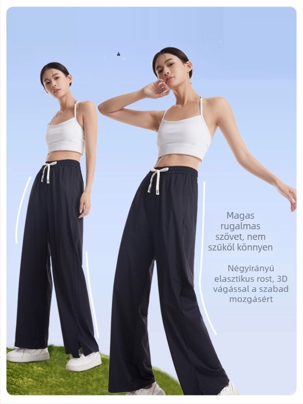 Ice Silk UV-védett női széles nadrág, padlóig érő hossz, magas derék, Nylon-Spandex keverék, Mercerizált felület