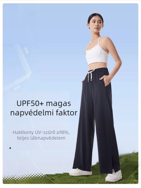 Ice Silk UV-védett női széles nadrág, padlóig érő hossz, magas derék, Nylon-Spandex keverék, Mercerizált felület