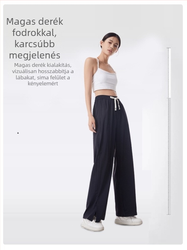 Ice Silk UV-védett női széles nadrág, padlóig érő hossz, magas derék, Nylon-Spandex keverék, Mercerizált felület