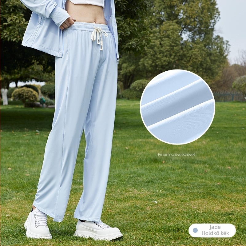 Ice Silk UV-védett női széles nadrág, padlóig érő hossz, magas derék, Nylon-Spandex keverék, Mercerizált felület