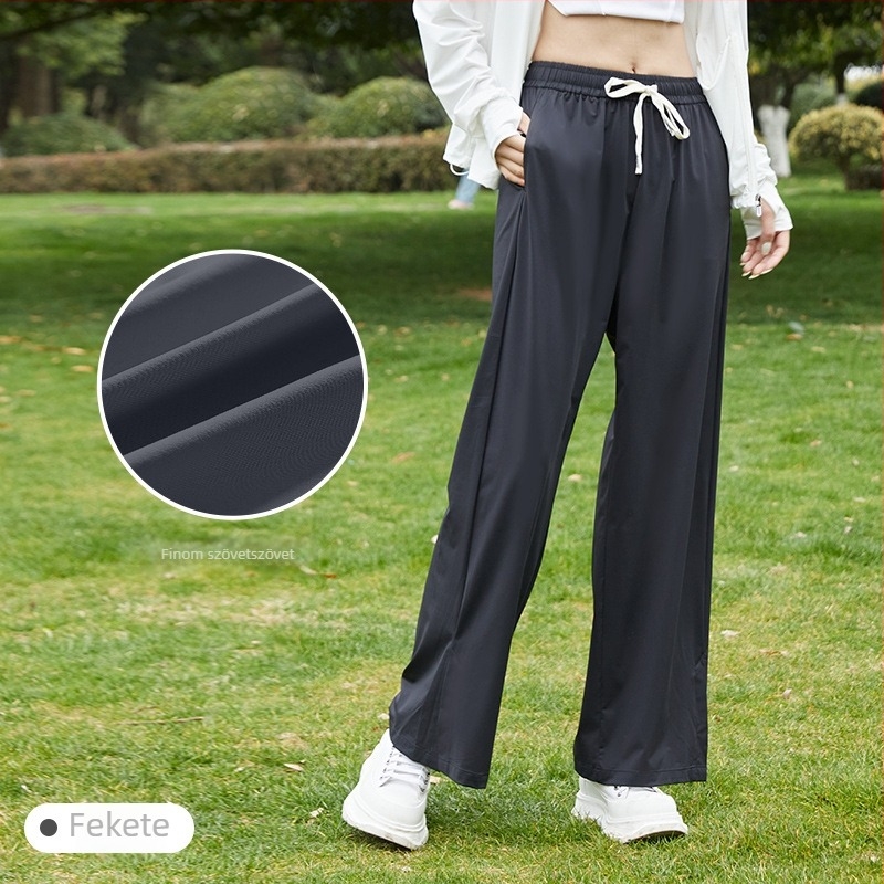 Ice Silk UV-védett női széles nadrág, padlóig érő hossz, magas derék, Nylon-Spandex keverék, Mercerizált felület