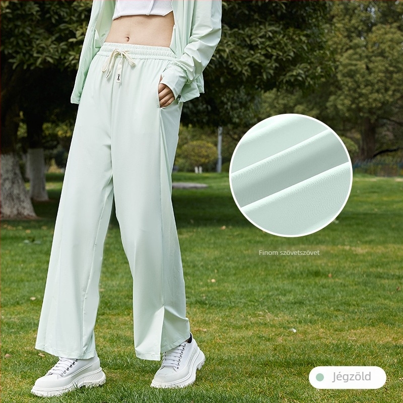 Ice Silk UV-védett női széles nadrág, padlóig érő hossz, magas derék, Nylon-Spandex keverék, Mercerizált felület