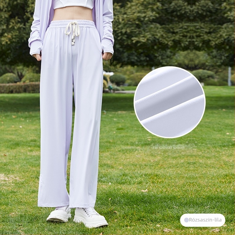 Ice Silk UV-védett női széles nadrág, padlóig érő hossz, magas derék, Nylon-Spandex keverék, Mercerizált felület