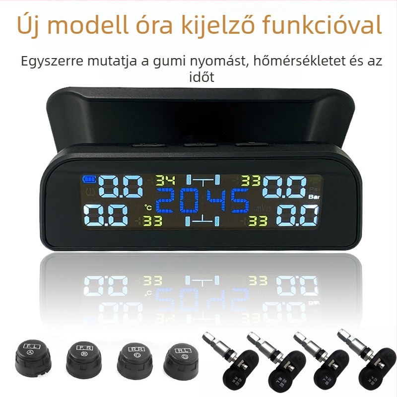 Külső napelemes, vezeték nélküli TPMS, modell T12, digitális kijelző, magas precizitás, beépített hangfunkció