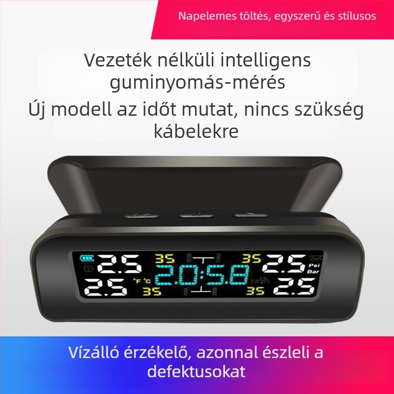 Külső napelemes, vezeték nélküli TPMS, modell T12, digitális kijelző, magas precizitás, beépített hangfunkció