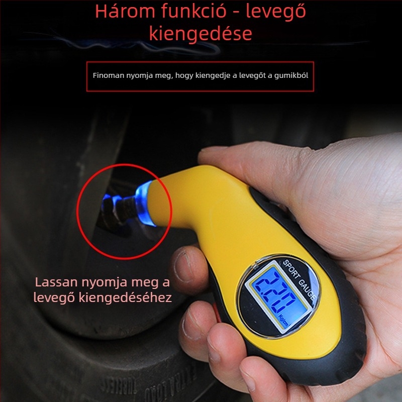 Magas pontosságú digitális autógumi nyomásmérő LCD-kijelzővel és barométerrel, hordozható