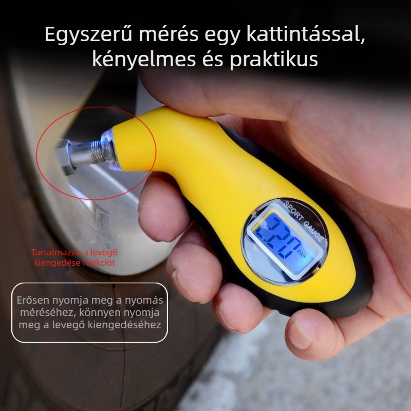 Magas pontosságú digitális autógumi nyomásmérő LCD-kijelzővel és barométerrel, hordozható