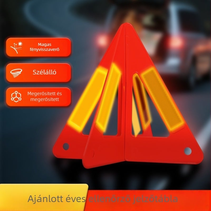 Összecsukható autó-triángulus figyelmeztető jel, hosszú távú reflexiós fénnyel – balesetekhez és vészhelyzeti parkoláshoz, ABS anyag, éves átvizsgálatra szánt készlet