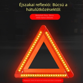 LED-del világított háromlábú autófigyelmeztető háromszög, anyag: benzen + vas, tápegység: 3×5 elemek