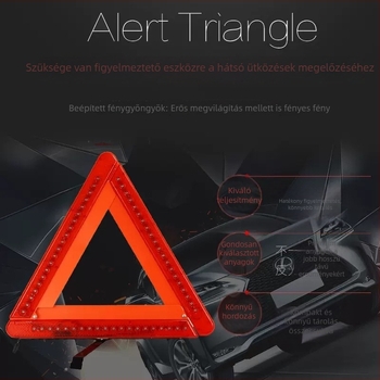 LED-del világított háromlábú autófigyelmeztető háromszög, anyag: benzen + vas, tápegység: 3×5 elemek