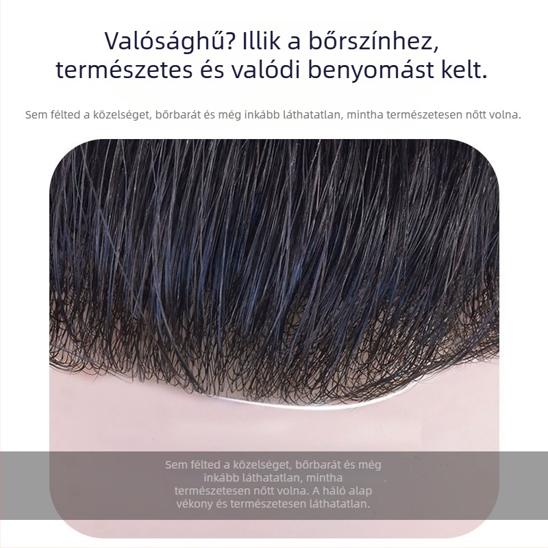 Férfiaknak szóló parókaszegmens a halánték vonalán, valós emberi haj, egyenes, kézzel szőtt, festhető és dauerolható