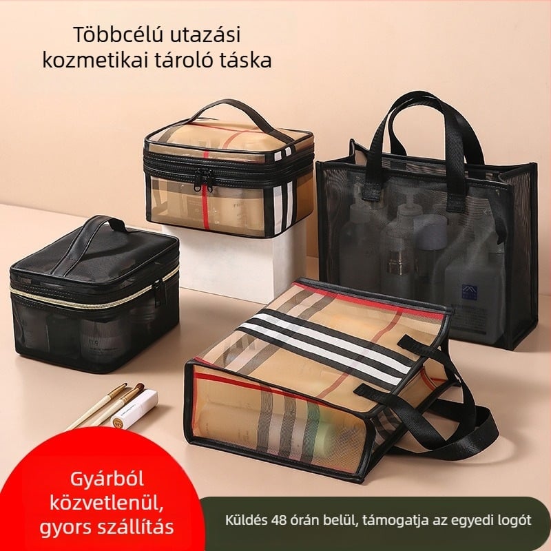 Nylon hálós kozmetikai táska, kocka alakú, vízálló, száraz–nedves elválasztás, nagy kapacitás