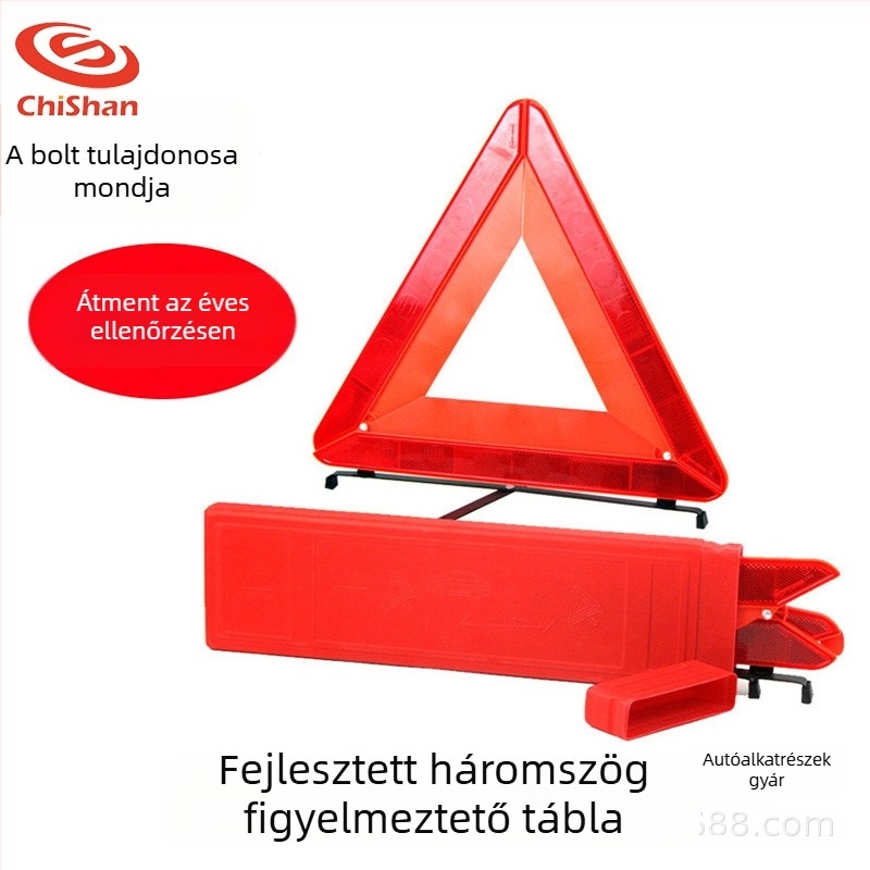 Autófigyelmeztető háromszög, összecsukható, ABS, fényvisszaverő, háromlábú állvány, 650 g