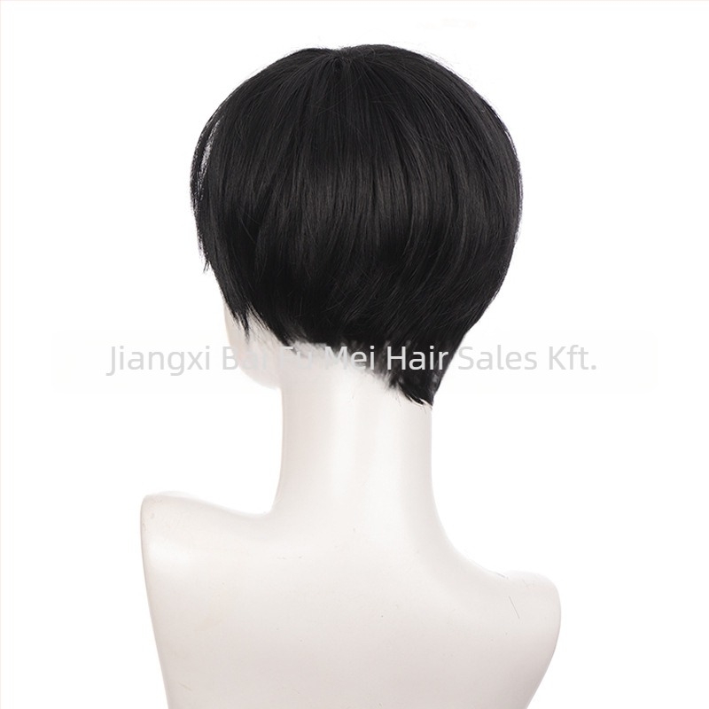 Férfi paróka, rövid egyenes haj, hőálló szintetikus szálak, ferde frufru, élethű megjelenés