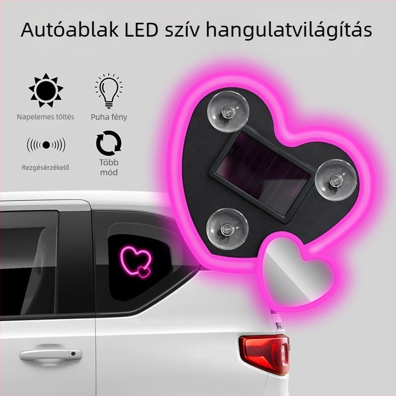 Autó belső LED atmoszférikus fény szív alakú – napelemes, ABS, 5V, 0.1A, 0.5W. Modell Solar Heart Atmosphere Light 01