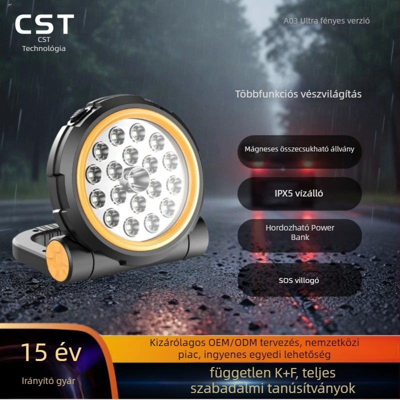 Autó sürgősségi LED-reflektor SOS funkcióval, multifunkcionális kempingfény (10 W, 1000 lm, 5 V, 6000 K, Cs-a03)