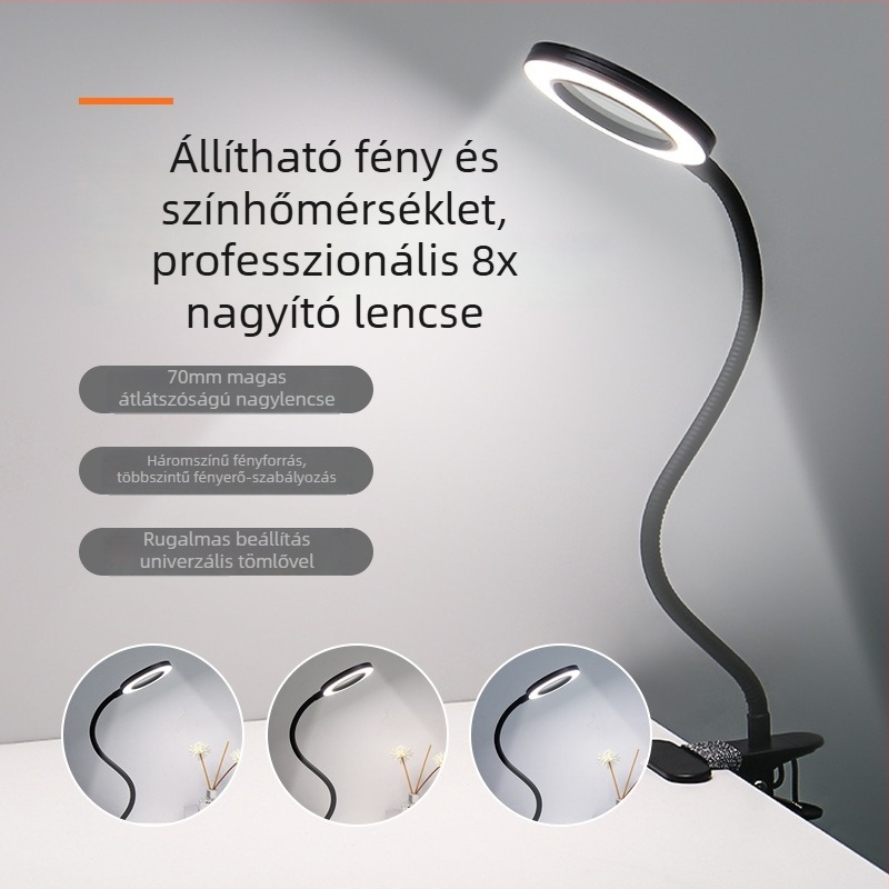 Árnyék nélküli LED Szépséglámpa nagyítóval – USB-s asztali lámpa szempillákra, körmök és tetoválásokhoz (Model SL825, fém árnyékoló, CRI ≥90)