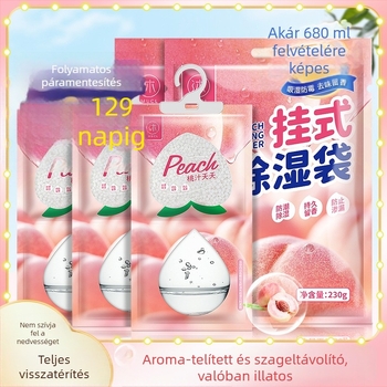 Felfüggeszthető nedvességabszorber zacskó gardróbba, hálószobába és kollégiumba – nedvességmegkötő, fehér őszibarack illat, 0,23 kg