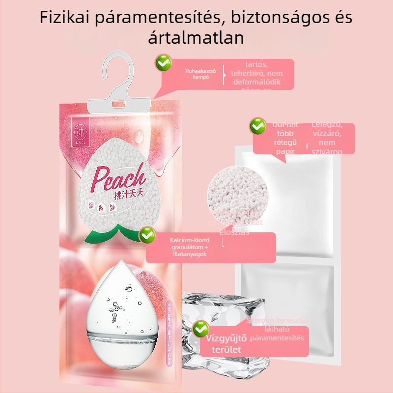 Felfüggeszthető nedvességabszorber zacskó gardróbba, hálószobába és kollégiumba – nedvességmegkötő, fehér őszibarack illat, 0,23 kg