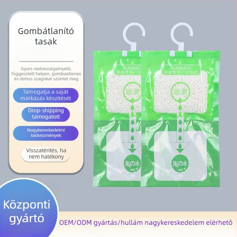 Kalcium-klorid deszikkáns a szobák szárazítására — Qingrunjia márka; funkció: szárítás és nedvességszabályozás; tömeg 100 g; függő használatra