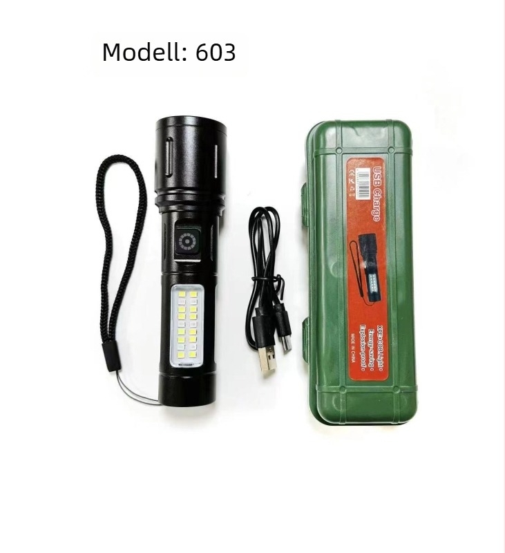 Alumíniumötvözetű zseblámpa USB-C töltéssel, COB + LED világítással, 360°-os forgással, 500 m hatótávolsággal, kültéri munkalámpa