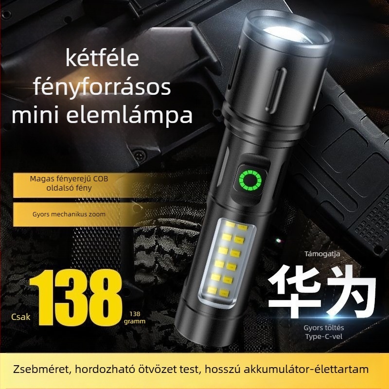 Alumíniumötvözetű zseblámpa USB-C töltéssel, COB + LED világítással, 360°-os forgással, 500 m hatótávolsággal, kültéri munkalámpa